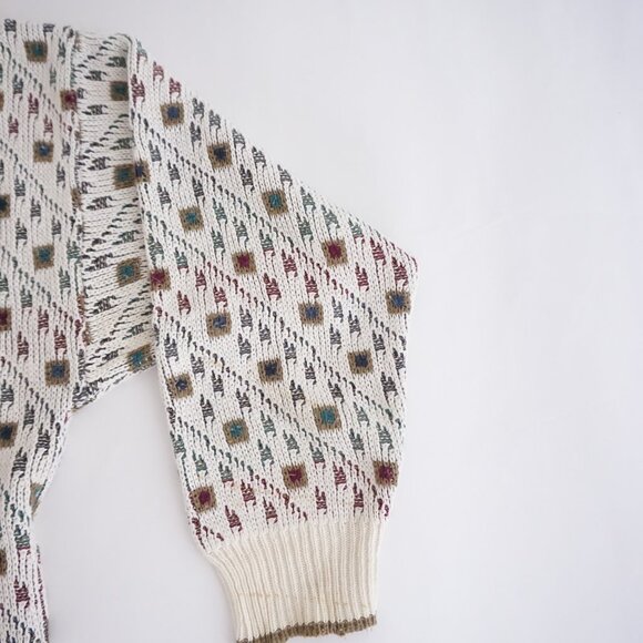 VTG Expressions Ivory Cotton Patterned Knit Retro Cabincore Eclectic Sweater L - Picture 4 of 12